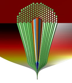 Cut-away of a hollow core photonic bandgap fiber is shown neck down, as generated by a fluid dynamics simulation. The approximately 1 cm wide preform is drawn down to a slender approximately 0.2 mm fiber in a hot furnace under gravity and longitudinal tension. The outer glass is colored to show temperature (hottest region in white), while the microstructure is colored to show whether surface tension (blue) or differential pressure (red) forces dominate. (Image credit: Gregory Jasion, University of Southampton)