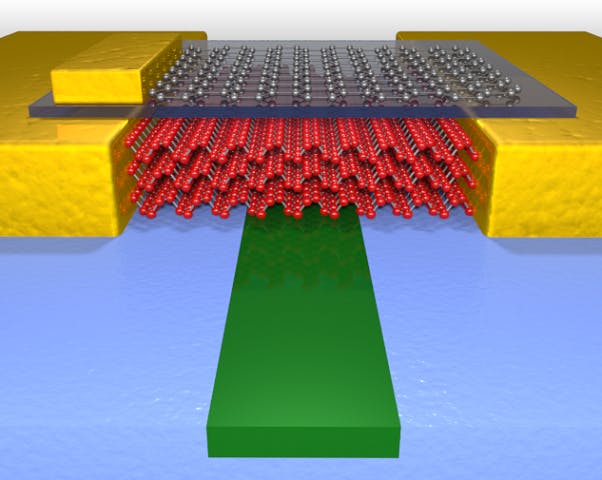 A high-performance photodetector uses few-layer black phosphorus (red atoms) to sense light in the waveguide (green material); graphene (gray atoms) tunes the performance.