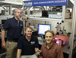 Professor Benjamin Eggleton, Thomas Büttner and Moritz Merklein, researchers from CUDOS at the University of Sydney, are shown with the chalcogenide photonic chip that can manipulate optical nonlinearities. Professor Benjamin Eggleton, Thomas Büttner and Moritz Merklein, researchers from CUDOS at the University of Sydney, are shown with the chalcogenide photonic chip that can manipulate optical nonlinearities.