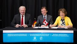 Ferdi Schüth, vice-president of the Max Planck Society, Mona Nemer, VP research, University of Ottawa, and Allan Rock, president and vice-chancellor, University of Ottawa sign a memorandum of understanding to establish the Max Planck-University of Ottawa Centre. Ferdi Schüth, vice-president of the Max Planck Society, Mona Nemer, VP research, University of Ottawa, and Allan Rock, president and vice-chancellor, University of Ottawa sign a memorandum of understanding to establish the Max Planck-University of Ottawa Centre.