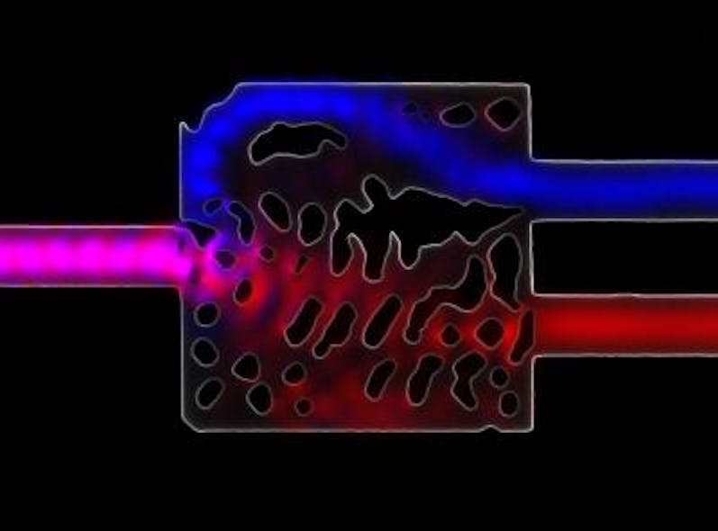 This silicon wavelength demultiplexer splits light at 1300 and 1550 nm wavelengths from an input waveguide into two output waveguides. The device is only 2.8 &mu;m square.