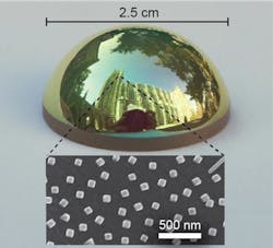 A curved optical surface is covered with a coating that absorbs all red light, giving the surface a green tint. The surface is covered with 100 nm silver cubes (inset). A curved optical surface is covered with a coating that absorbs all red light, giving the surface a green tint. The surface is covered with 100 nm silver cubes (inset).