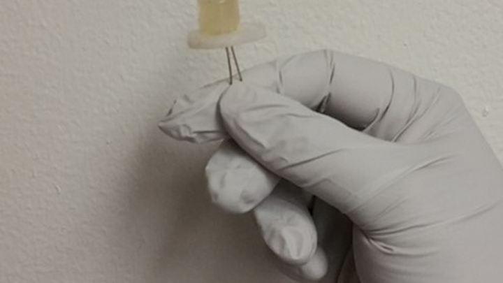 A small light-emitting diode (LED) is fabricated from carbon dots. (Image credit: University of Utah/Prashant Sarswat)