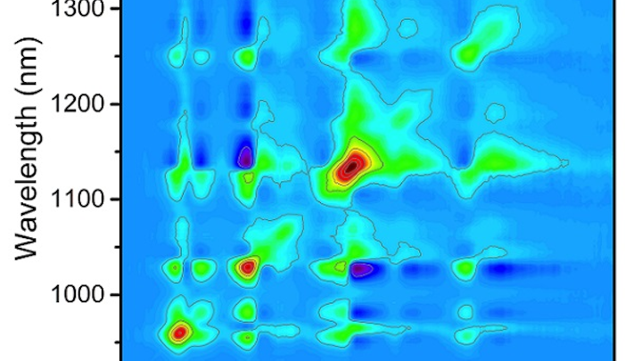 A covariance matrix produced with a new technique at Rice University maps fluorescence signals from various species of single-walled carbon nanotubes that are beginning to aggregate in a sample. The matrix allows researchers to know which types of nanotubes (identified by their fluorescence spectra) have aggregated and in what amounts, in this case after four hours in solution. (Image credit: Weisman Lab/Rice University)