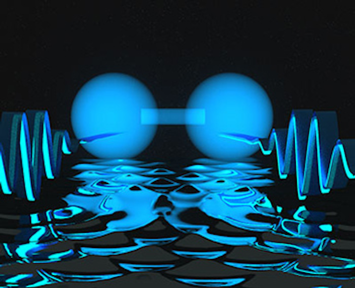 Researchers show that two photons, depicted in this artist's conception as waves (left and right), can be locked together at a short distance. Under certain conditions, the photons can form a state resembling a two-atom molecule, represented as the blue dumbbell shape at center. (Image credit: E. Edwards/JQI)