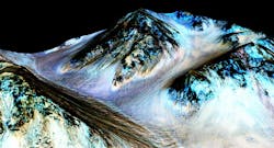 Dark, narrow streaks on Martian slopes such as these at Hale Crater are inferred to be formed by seasonal flow of water on contemporary Mars. The streaks are roughly the length of a football field. The imaging and topographical information in this processed, false-color view come from the High Resolution Imaging Science Experiment (HiRISE) camera on NASA's Mars Reconnaissance Orbiter. Dark, narrow streaks on Martian slopes such as these at Hale Crater are inferred to be formed by seasonal flow of water on contemporary Mars. The streaks are roughly the length of a football field. The imaging and topographical information in this processed, false-color view come from the High Resolution Imaging Science Experiment (HiRISE) camera on NASA's Mars Reconnaissance Orbiter.