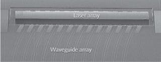 An array of 12 lasers on a single bar are flip-chip-bonded onto a silicon photonics chip and lined up against waveguides.