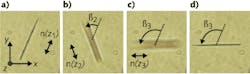 A nanowire is pushed by an optical trap along the z-axis (perpendicular to the plane of these images), also causing the nanowire to rotate (a through c). The trap light is then blocked, the microscope refocused, and the trap light unblocked (d). A nanowire is pushed by an optical trap along the z-axis (perpendicular to the plane of these images), also causing the nanowire to rotate (a through c). The trap light is then blocked, the microscope refocused, and the trap light unblocked (d).