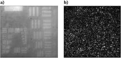 An Air Force resolution chart is imaged through a scattering film (placed on the detection side of the target) using a random laser as a source (a) and a conventional laser as a source (b). An Air Force resolution chart is imaged through a scattering film (placed on the detection side of the target) using a random laser as a source (a) and a conventional laser as a source (b).