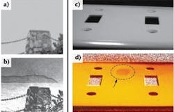 A real-time polarization difference imaging camera called Detect POL—made possible by a unique beamsplitter—can reveal hidden details such as a mountain range (a) obscured by fog (b) or a fingerprint (c) not revealed by a conventional camera image (d). A real-time polarization difference imaging camera called Detect POL—made possible by a unique beamsplitter—can reveal hidden details such as a mountain range (a) obscured by fog (b) or a fingerprint (c) not revealed by a conventional camera image (d).