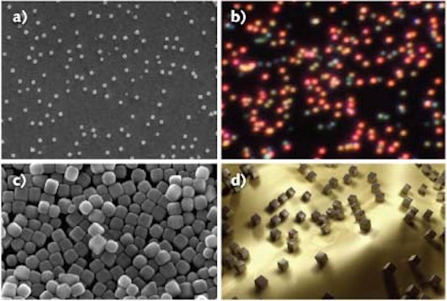 A scanning electron microscopy (SEM) image shows the silver nanocubes deposited on the gold film (a); a darkfield image shows how cube size can influence the color they diffuse (b). The cubes are shown in a SEM image as fabricated (c) and in an artist&rsquo;s view (d).