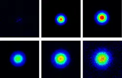 Diffusion of light in a disordered, cloudy medium at intervals of 1 ns. After about 4 ns, the light stops spreading any further.