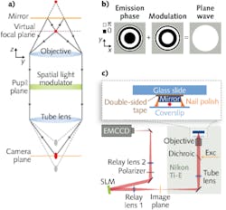 In 4Pi detection with a single objective (a), a fluorophore and its reflection (red circles) are imaged by an infinity-corrected microscope (blue) that generates an image and a mirror image of the fluorophore along the optical axis (gray ellipses). Phase modulation of the pupil plane from an SLM (green) overlays the two images (red ellipse) at the camera plane (orange) to create a virtual focal plane (violet) at the fluorophore position. Emission phase from the fluorophore in front of a mirror at the pupil plane (b) is a series of concentric rings that is dependent on the distance between the fluorophore and the mirror; modulation with the opposite phase (middle) creates a plane wave (right) that is then focused at the camera plane. The experimental setup (c) has a custom excitation path and a relayed emission path where the SLM is located at the Fourier plane of relay lens 1, with the sample sandwiched between the coverglass and a mirror. In 4Pi detection with a single objective (a), a fluorophore and its reflection (red circles) are imaged by an infinity-corrected microscope (blue) that generates an image and a mirror image of the fluorophore along the optical axis (gray ellipses). Phase modulation of the pupil plane from an SLM (green) overlays the two images (red ellipse) at the camera plane (orange) to create a virtual focal plane (violet) at the fluorophore position. Emission phase from the fluorophore in front of a mirror at the pupil plane (b) is a series of concentric rings that is dependent on the distance between the fluorophore and the mirror; modulation with the opposite phase (middle) creates a plane wave (right) that is then focused at the camera plane. The experimental setup (c) has a custom excitation path and a relayed emission path where the SLM is located at the Fourier plane of relay lens 1, with the sample sandwiched between the coverglass and a mirror.