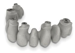 FIGURE 1. Research shows that dental implants such as Renishaw's laser-sintered cobalt chrome LaserBridges have equivalent reliability to machined or milled versions. FIGURE 1. Research shows that dental implants such as Renishaw's laser-sintered cobalt chrome LaserBridges have equivalent reliability to machined or milled versions.