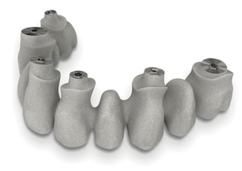 FIGURE 1. Research shows that dental implants such as Renishaw&apos;s laser-sintered cobalt chrome LaserBridges have equivalent reliability to machined or milled versions.