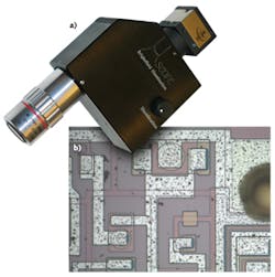 FIGURE 1. A compact single-objective microscope by Santa Barbara Imaging (a) finds use, for example, in microelectronics inspection (b). FIGURE 1. A compact single-objective microscope by Santa Barbara Imaging (a) finds use, for example, in microelectronics inspection (b).