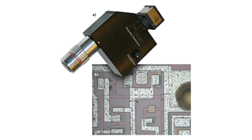 FIGURE 1. A compact single-objective microscope by Santa Barbara Imaging (a) finds use, for example, in microelectronics inspection (b).