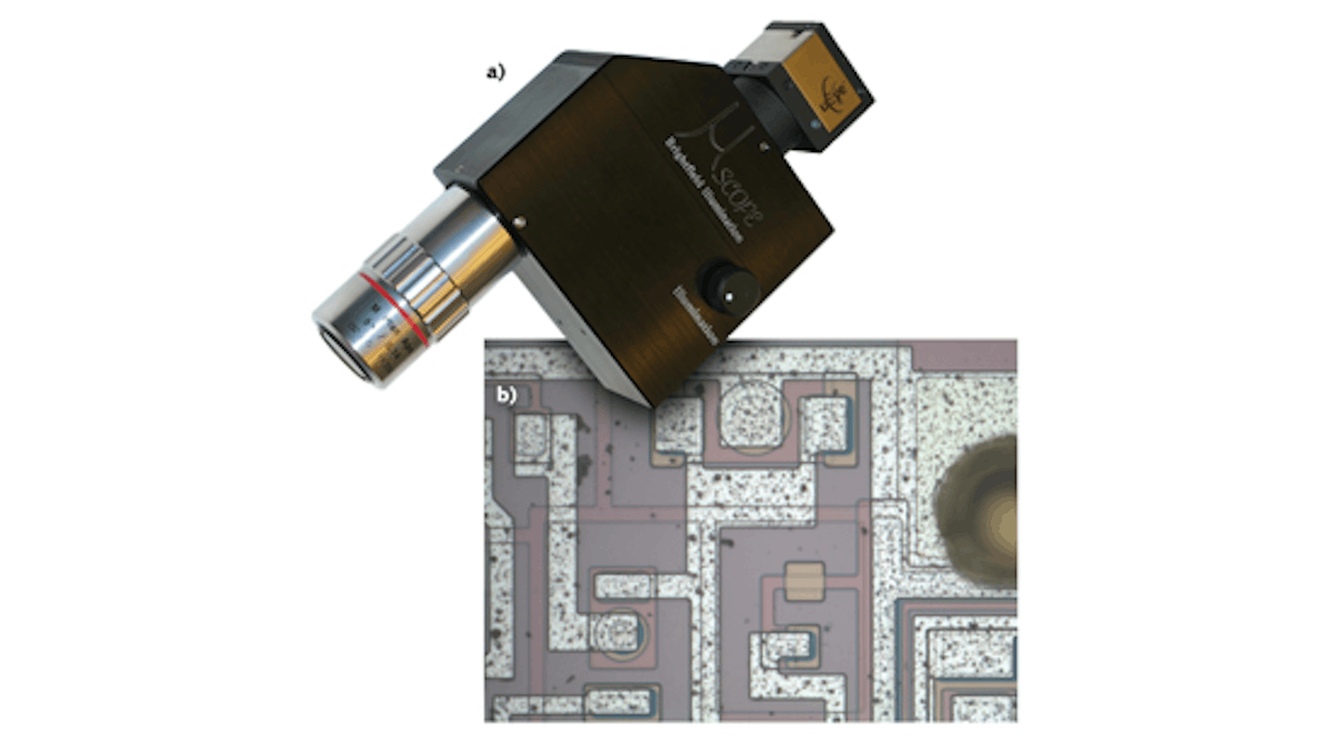 FIGURE 1. A compact single-objective microscope by Santa Barbara Imaging (a) finds use, for example, in microelectronics inspection (b).