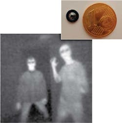 A Fresnel lens, 1 mm thick and with a diameter of a little less than 4 mm, is shown next to a Euro cent for comparison (inset); the lens allows images such as this one to be taken at IR wavelengths normally inaccessible to Si lenses.