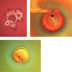 FIGURE 1. High magnification reveals images of high-energy laser-induced damage on coated surfaces. FIGURE 1. High magnification reveals images of high-energy laser-induced damage on coated surfaces.