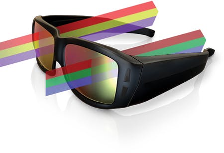 FIGURE 2. Color-based 3D projectors use different shades of red, green, and blue for the right and left eyes.