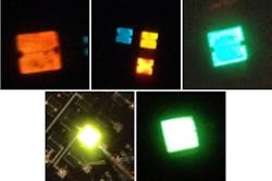 InGaN-based nanowire LEDs emit different colors depending on nanowire properties. A three-color LED pixel (top center); single-color LEDs emit (counterclockwise from left) red, yellow, green, and blue-green.