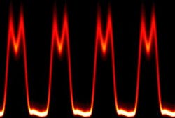 A pulse train is created by combining light from five laser diodes whose outputs are controlled for intensity, relative phase, and polarization, and whose frequencies correspond to five teeth of a frequency comb. The shape of the pulses can be tailored by altering the intensities and relative phases of the light from the five sources. Here, the spectral shape is an approximate sinc function, producing approximately square pulses. A pulse train is created by combining light from five laser diodes whose outputs are controlled for intensity, relative phase, and polarization, and whose frequencies correspond to five teeth of a frequency comb. The shape of the pulses can be tailored by altering the intensities and relative phases of the light from the five sources. Here, the spectral shape is an approximate sinc function, producing approximately square pulses.