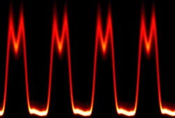A pulse train is created by combining light from five laser diodes whose outputs are controlled for intensity, relative phase, and polarization, and whose frequencies correspond to five teeth of a frequency comb. The shape of the pulses can be tailored by altering the intensities and relative phases of the light from the five sources. Here, the spectral shape is an approximate sinc function, producing approximately square pulses.