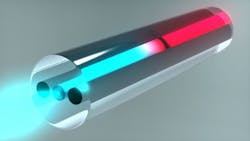 Based on multilayer poling technology they have already proven on flat surfaces, researchers at Carleton University and the COPD at Université Laval will be developing a radially poled nonlinear optical fiber to be paired with a fiber laser for second-harmonic generation (SHG). Here, an artist’s concept shows a conventional fiber spliced to the SHG optical fiber, showing its multilayered poled core and internal poling electrodes. Based on multilayer poling technology they have already proven on flat surfaces, researchers at Carleton University and the COPD at Université Laval will be developing a radially poled nonlinear optical fiber to be paired with a fiber laser for second-harmonic generation (SHG). Here, an artist’s concept shows a conventional fiber spliced to the SHG optical fiber, showing its multilayered poled core and internal poling electrodes.
