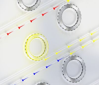 A schematic diagram shows slow light, fast light, and one-way light blocking using BSIT in a series of silica microresonators (slow/red, fast/blue; central yellow shows blocking effect).