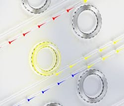 A schematic diagram shows slow light, fast light, and one-way light blocking using BSIT in a series of silica microresonators (slow/red, fast/blue; central yellow shows blocking effect).