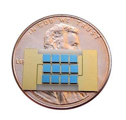 FIGURE 2. A submount is shown on a dime with the dark laser chip using more than 400 lasers on the back side. FIGURE 2. A submount is shown on a dime with the dark laser chip using more than 400 lasers on the back side.