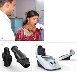 Operation of the TB Breathalyzer is simple and fast: First, the patient coughs into the collection tube (a), which the technician then twists (b) and inserts into the optical reader (c). The reader takes just two minutes to display the result. Operation of the TB Breathalyzer is simple and fast: First, the patient coughs into the collection tube (a), which the technician then twists (b) and inserts into the optical reader (c). The reader takes just two minutes to display the result.