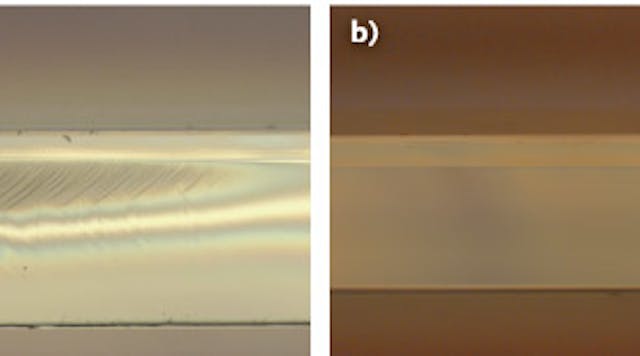 Cross sections of 0.7-mm-thick Corning CT24 glass are taken with a Nomarski differential interference contrast microscope. The piece cut with a CO2 laser shows residual stress (a), while the cut produced with the CO laser is defect-free (b).