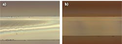 Cross sections of 0.7-mm-thick Corning CT24 glass are taken with a Nomarski differential interference contrast microscope. The piece cut with a CO2 laser shows residual stress (a), while the cut produced with the CO laser is defect-free (b). Cross sections of 0.7-mm-thick Corning CT24 glass are taken with a Nomarski differential interference contrast microscope. The piece cut with a CO2 laser shows residual stress (a), while the cut produced with the CO laser is defect-free (b).