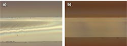 Cross sections of 0.7-mm-thick Corning CT24 glass are taken with a Nomarski differential interference contrast microscope. The piece cut with a CO2 laser shows residual stress (a), while the cut produced with the CO laser is defect-free (b).
