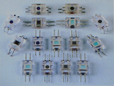 FIGURE 3. Injection-molded detector modules from Advanced Photonics, with dye added to the some of the transparent plastic molds to filter undesired wavelengths.