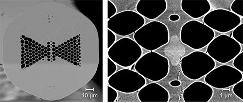 FIGURE 1. A scanning electron microscope (SEM) photograph shows the cross-section of a fabricated 'butterfly MOF' or butterfly shaped microstructured optical fiber. and a detail of the central region with the GeO2-doped core.