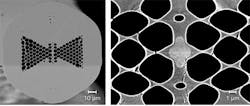 FIGURE 1. A scanning electron microscope (SEM) photograph shows the cross-section of a fabricated 'butterfly MOF' or butterfly shaped microstructured optical fiber. and a detail of the central region with the GeO2-doped core. FIGURE 1. A scanning electron microscope (SEM) photograph shows the cross-section of a fabricated 'butterfly MOF' or butterfly shaped microstructured optical fiber. and a detail of the central region with the GeO2-doped core.