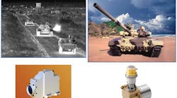 A Sofradir VEGA QWIP-based FPA is used for thermal imaging of military vehicles (top left, IR image from QWIP camera; top right, visible image of vehicle). The FPA, housed in its integrated detector dewar assembly, is seen at lower right; the Thales camera into which the assembly is integrated is see at lower left. A Sofradir VEGA QWIP-based FPA is used for thermal imaging of military vehicles (top left, IR image from QWIP camera; top right, visible image of vehicle). The FPA, housed in its integrated detector dewar assembly, is seen at lower right; the Thales camera into which the assembly is integrated is see at lower left.