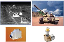 A Sofradir VEGA QWIP-based FPA is used for thermal imaging of military vehicles (top left, IR image from QWIP camera; top right, visible image of vehicle). The FPA, housed in its integrated detector dewar assembly, is seen at lower right; the Thales camera into which the assembly is integrated is see at lower left. A Sofradir VEGA QWIP-based FPA is used for thermal imaging of military vehicles (top left, IR image from QWIP camera; top right, visible image of vehicle). The FPA, housed in its integrated detector dewar assembly, is seen at lower right; the Thales camera into which the assembly is integrated is see at lower left.