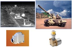 A Sofradir VEGA QWIP-based FPA is used for thermal imaging of military vehicles (top left, IR image from QWIP camera; top right, visible image of vehicle). The FPA, housed in its integrated detector dewar assembly, is seen at lower right; the Thales camera into which the assembly is integrated is see at lower left.