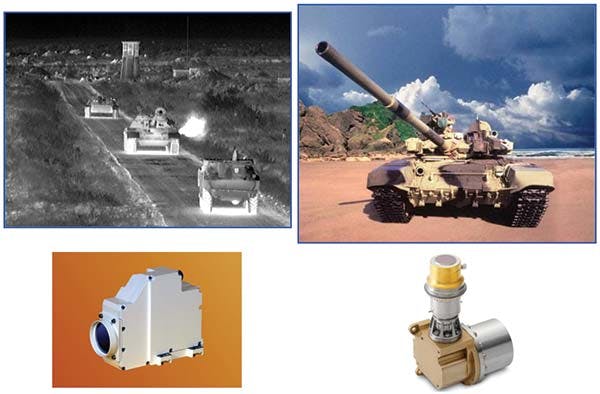 A Sofradir VEGA QWIP-based FPA is used for thermal imaging of military vehicles (top left, IR image from QWIP camera; top right, visible image of vehicle). The FPA, housed in its integrated detector dewar assembly, is seen at lower right; the Thales camera into which the assembly is integrated is see at lower left.
