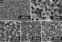 Scanning electron microscope images show mesoporous gold films ([a] and [b] on different scales) prepared with an electrolytic solution that creates micelles critical to film fabrication. Different electrolyte compositions produce films with different or &apos;tunable&apos; pore sizes (c, d, and e).