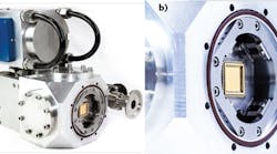 FIGURE 1. The C-RED One camera (a) with sub-electron-noise 1750 frames/s e-APD imager can be operated in extreme and remote locations with only an electrical power supply and water cooling; its outer skin and input window have been removed to show internal components. A close-up (b) shows the cold finger before integration of the cooled focal plane array inside the camera package.