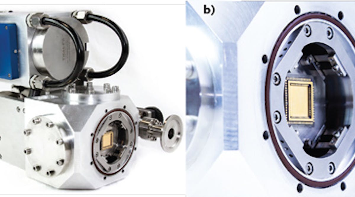 FIGURE 1. The C-RED One camera (a) with sub-electron-noise 1750 frames/s e-APD imager can be operated in extreme and remote locations with only an electrical power supply and water cooling; its outer skin and input window have been removed to show internal components. A close-up (b) shows the cold finger before integration of the cooled focal plane array inside the camera package.