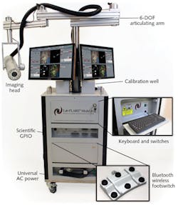 FIGURE 4. The fully mobile, 3R guideline-compliant Lab-FLARE Model R1 Open Space Imaging System for Laboratory Research features a long-reach articulated arm that positions the imaging head in 3D space. The white light source provides illuminance of &ge; 20,000 lux at 15 in. WD; &ge; 85 CRI; and a color temperature of 4500 K. The laser source generates light at 660 nm (4 W total power) and 760 nm (10 W total power) wavelengths, while the NIR excitation fluence rate is &ge; 4 mW/cm2 at 660 nm and &ge; 10 mW/cm2 at 760 nm.