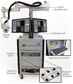 FIGURE 4. The fully mobile, 3R guideline-compliant Lab-FLARE Model R1 Open Space Imaging System for Laboratory Research features a long-reach articulated arm that positions the imaging head in 3D space. The white light source provides illuminance of ≥ 20,000 lux at 15 in. WD; ≥ 85 CRI; and a color temperature of 4500 K. The laser source generates light at 660 nm (4 W total power) and 760 nm (10 W total power) wavelengths, while the NIR excitation fluence rate is ≥ 4 mW/cm2 at 660 nm and ≥ 10 mW/cm2 at 760 nm. FIGURE 4. The fully mobile, 3R guideline-compliant Lab-FLARE Model R1 Open Space Imaging System for Laboratory Research features a long-reach articulated arm that positions the imaging head in 3D space. The white light source provides illuminance of ≥ 20,000 lux at 15 in. WD; ≥ 85 CRI; and a color temperature of 4500 K. The laser source generates light at 660 nm (4 W total power) and 760 nm (10 W total power) wavelengths, while the NIR excitation fluence rate is ≥ 4 mW/cm2 at 660 nm and ≥ 10 mW/cm2 at 760 nm.