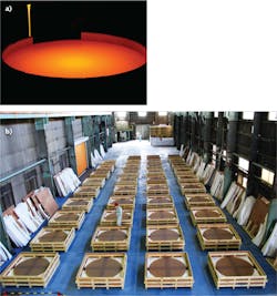 CLEARCERAM-Z HS boules produced at Ohara&apos;s factory in Japan (a) will be further processed to become the M1 primary mirror segment blanks that, when placed in a closely fitting hexagonal array, will form the TMT&apos;s primary. Some of the more than 100 mirror blanks already produced by Ohara undergo an inspection (b).