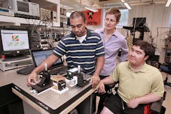 A new system developed by Princeton researchers uses a laser to allow diabetics to check their blood sugar without pricking their skin. Members of the research team included, from left, Sabbir Liakat, a graduate student in electrical engineering; Claire Gmachl, the Eugene Higgins Professor of Electrical Engineering; and Kevin Bors, who graduated in 2013 with a degree in electrical engineering. A new system developed by Princeton researchers uses a laser to allow diabetics to check their blood sugar without pricking their skin. Members of the research team included, from left, Sabbir Liakat, a graduate student in electrical engineering; Claire Gmachl, the Eugene Higgins Professor of Electrical Engineering; and Kevin Bors, who graduated in 2013 with a degree in electrical engineering.